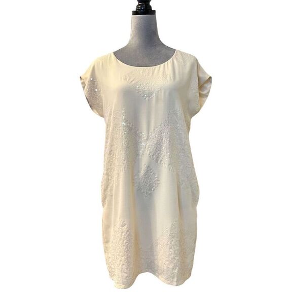 See U Soon Women's M Cream Sequin Short Shift Dress Scoop Neck Party Cocktail - Picture 1 of 15